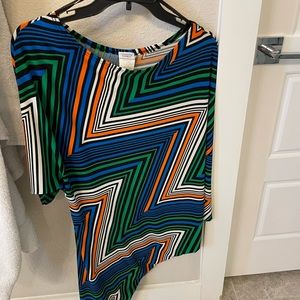 Funky, geometric print asymmetrical dress from Charming Charlie’s. Worn once